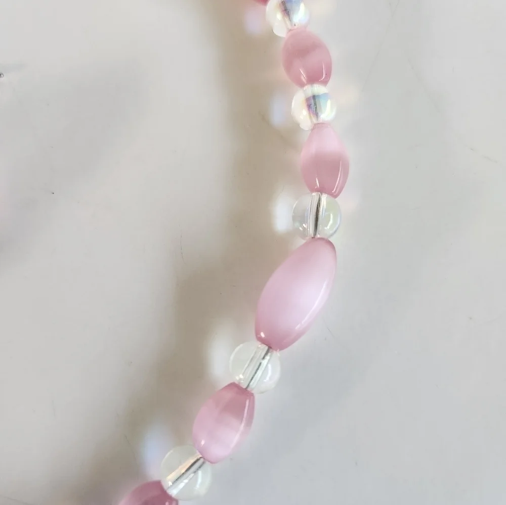 Hand Crafted Necklace and Pierced Pink Cat's Eye Iridescent Beads 15.5
